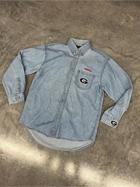Embroidered Light Blue Denim Button-Down Shirt with Chest Logo